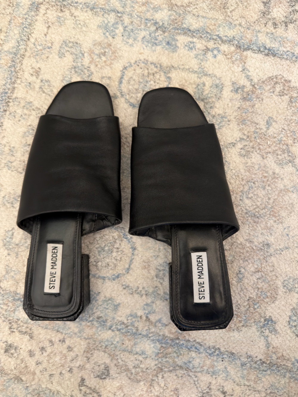 Steve Madden Black Leather Square-Toe Slide Sandals